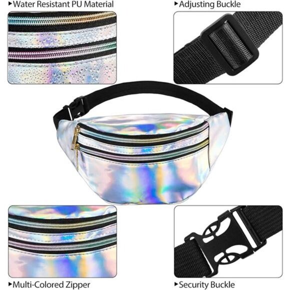 2 Pieces Holographic Fanny Pack for Women Colorful Sport Waist Bag Pack - Picture 3 of 6